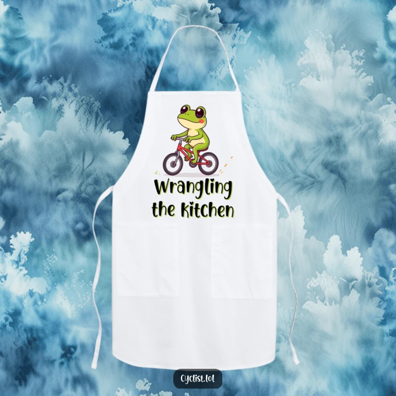 Funny frog bicycle apron featuring a playful frog expertly riding over tiny obstacles, designed for a fun and adventurous cooking experience.