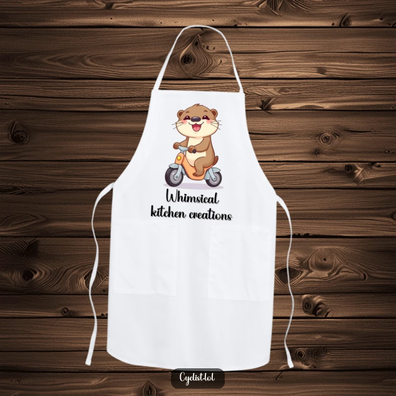 Funny apron depicting a curious otter joyfully riding a miniature tricycle, perfect for a humorous kitchen adventure.