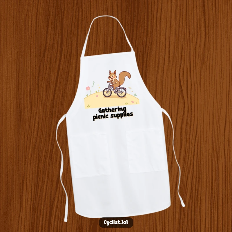 Funny squirrel bicycle apron with a happy squirrel speeding down a hill on a tiny bike, perfect for adding humor and flair to kitchen activities.