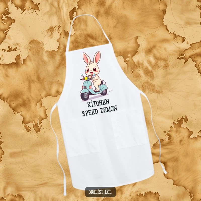 Funny apron depicting a cheerful rabbit with a wide grin, racing on a scooter, perfect for a humorous kitchen companion.