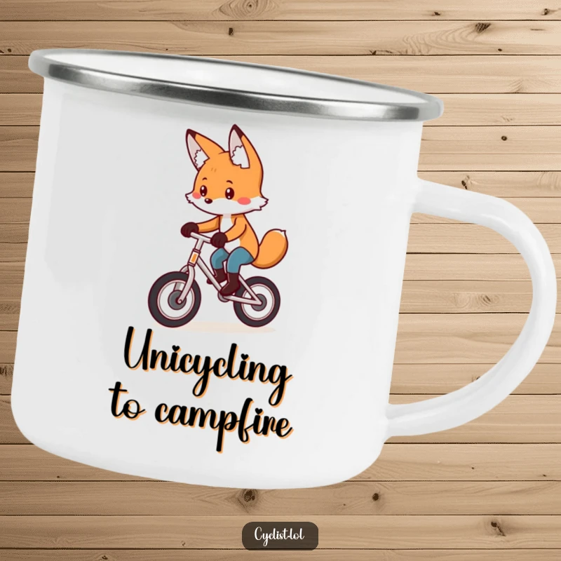 Funny camping mug featuring a playful fox concentrating hard while riding a unicycle, perfect for humorous outdoor hydration.