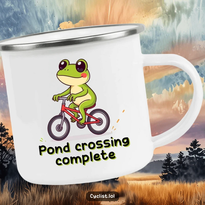 Funny frog bicycle camping mug featuring a playful frog expertly riding over tiny obstacles, built for adventure and amphibian-themed enjoyment.