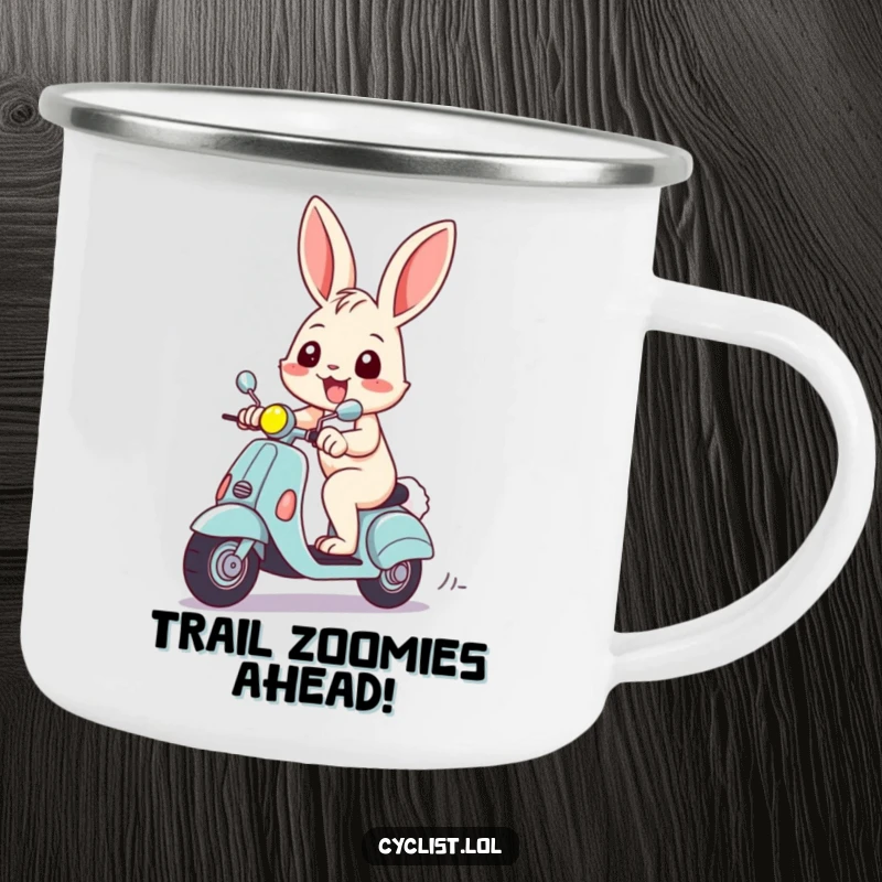Funny camping mug with a cheerful rabbit grinning, racing a scooter, ready for outdoor fun and a humorous start to the day.