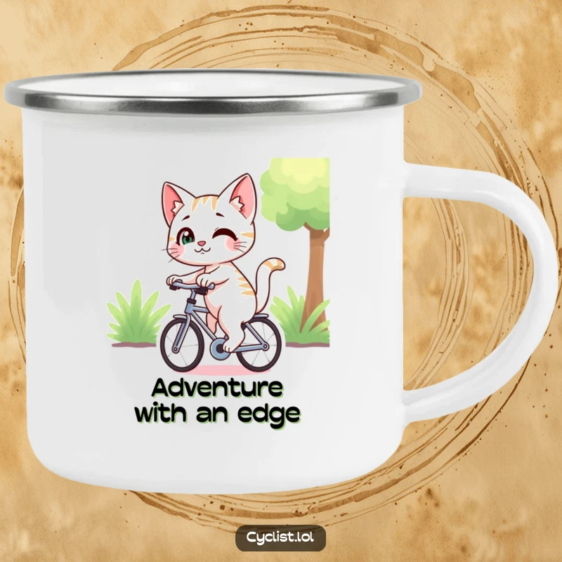 Funny cat character with a mischievous smirk riding a bike in an outdoor setting, printed on a rugged camping mug, perfect for adventure humor.