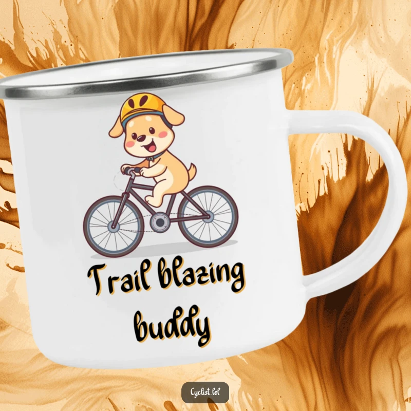Funny dog bicycle camping mug featuring a happy, helmeted dog cycling downhill with speed, built for adventure and a cheerful drink.