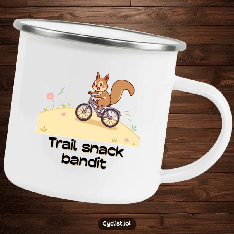 Funny squirrel bicycle camping mug with a happy squirrel speeding down a hill on a tiny bike, perfect for outdoor sipping with a humorous touch.