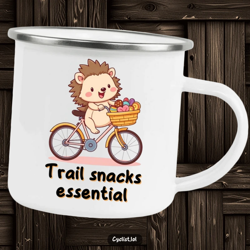 Funny hedgehog character riding a bike with a basket of treats in an outdoor setting, printed on a rugged camping mug, perfect for adventurers.