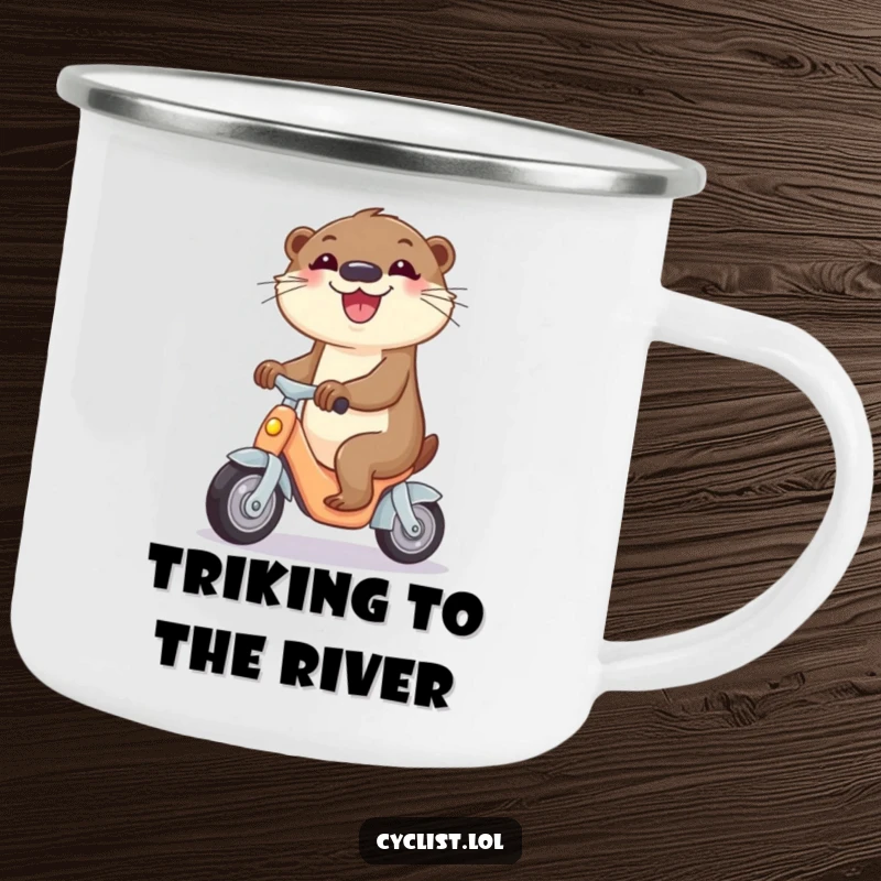Funny camping mug with a curious otter joyfully riding a miniature tricycle, perfect for adventurous outdoor sipping.