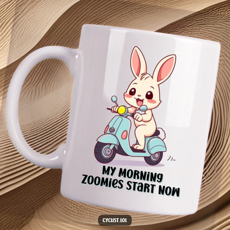 Funny mug featuring a cheerful rabbit with a big grin, swiftly racing on a tiny scooter, perfect for a funny animal lover's gift.