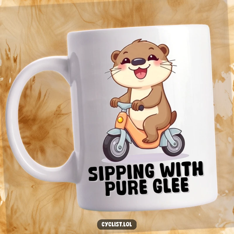 Funny mug depicting a curious otter joyfully riding a miniature tricycle, a whimsical funny gift for water animal enthusiasts.
