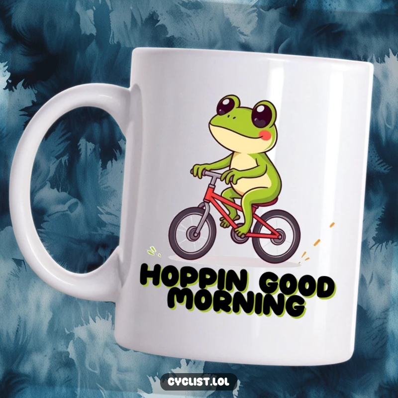 Funny frog mug featuring a playful frog expertly navigating over tiny obstacles on a bicycle with concentration and agility.
