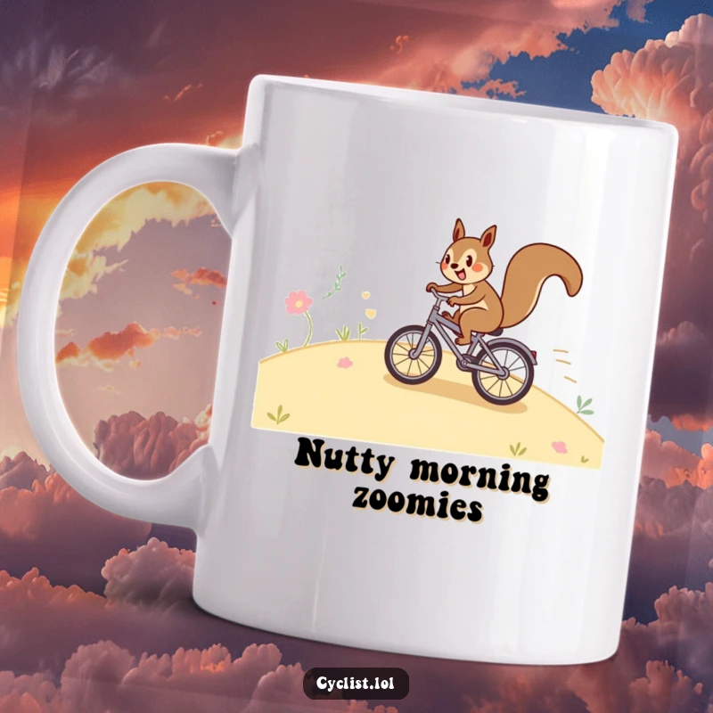 Funny squirrel mug with a happy squirrel speeding down a hill on a tiny bicycle, capturing a moment of pure exhilaration and humor.