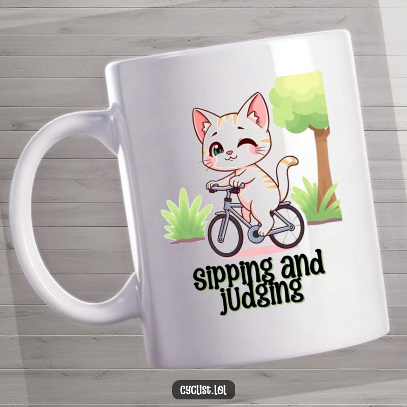 Funny curious cat character with a playful smirk, looking back while riding a bicycle, depicted on a ceramic mug, ideal for cat lovers.