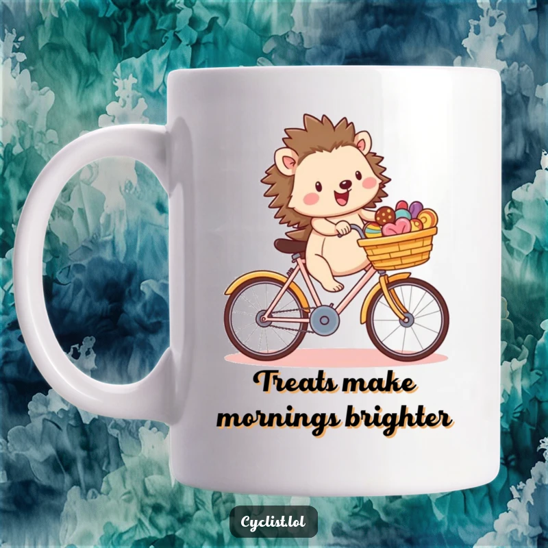 Funny happy hedgehog character riding a bicycle loaded with tasty treats in a basket, depicted on a ceramic mug, perfect for animal lovers.