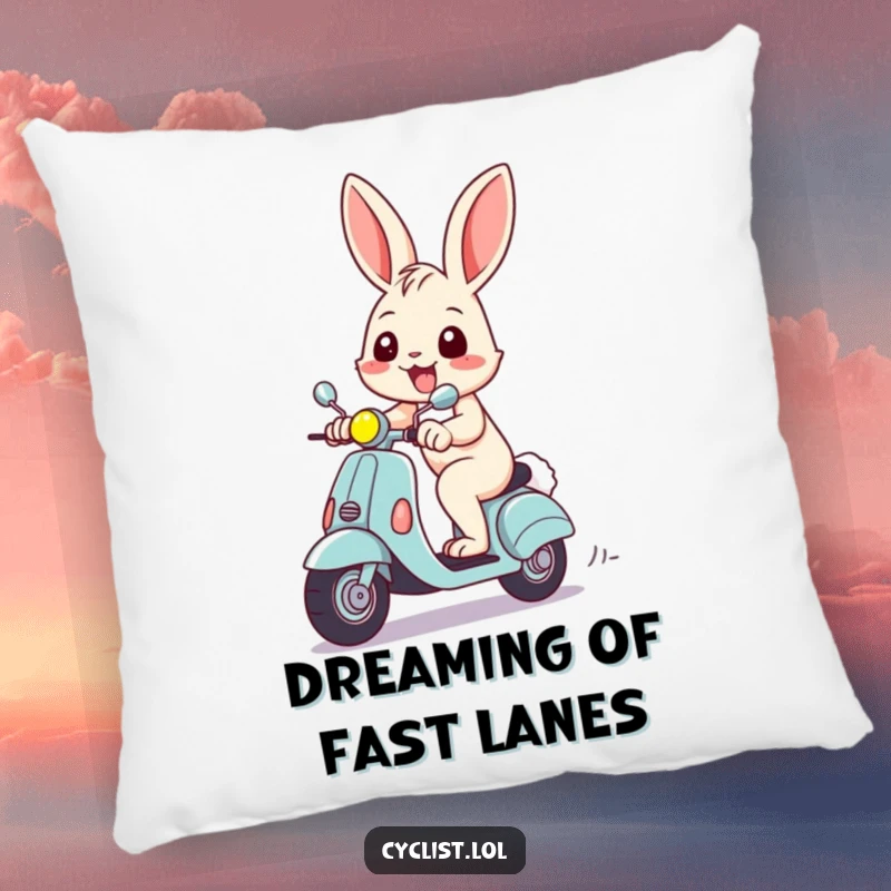 Funny pillow with a cheerful rabbit gripping handlebars and grinning, riding a miniature scooter, adding humor to any cozy space.