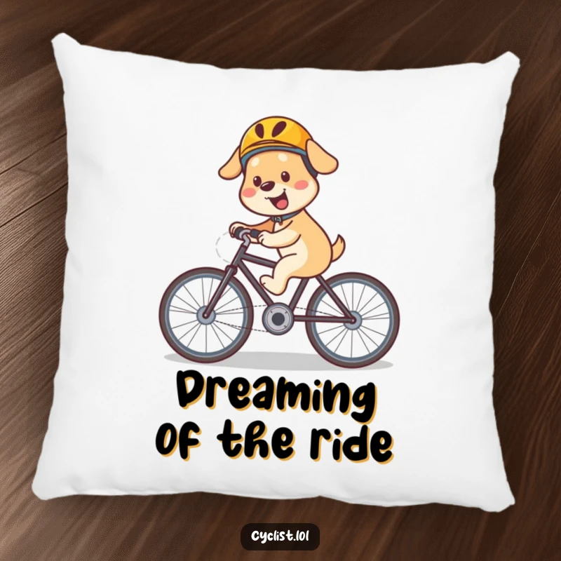 Funny dog bicycle pillow with a happy, helmeted dog speeding downhill, offering plush comfort and a dash of adventurous fun.