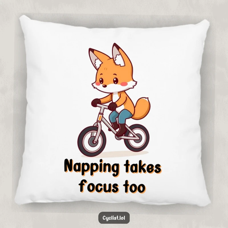 Funny pillow showcasing a playful fox with intense concentration, riding a unicycle, perfect for adding humorous comfort to any room.