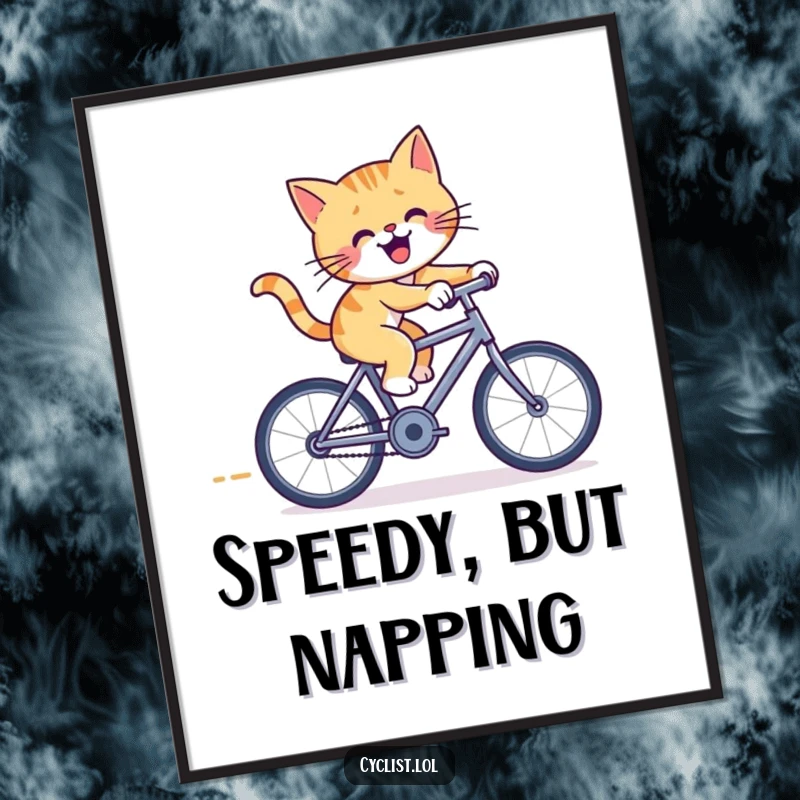 Funny cat bicycle digital art print of a cheerful cat pedaling furiously on a tiny racing bicycle, perfect for vibrant and playful wall decor.