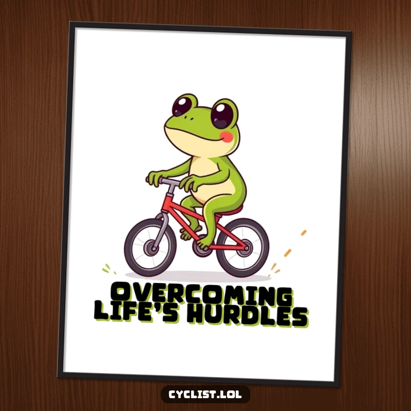 Funny frog bicycle digital art print of a playful frog expertly navigating over tiny obstacles, perfect for vibrant and adventurous wall decor.