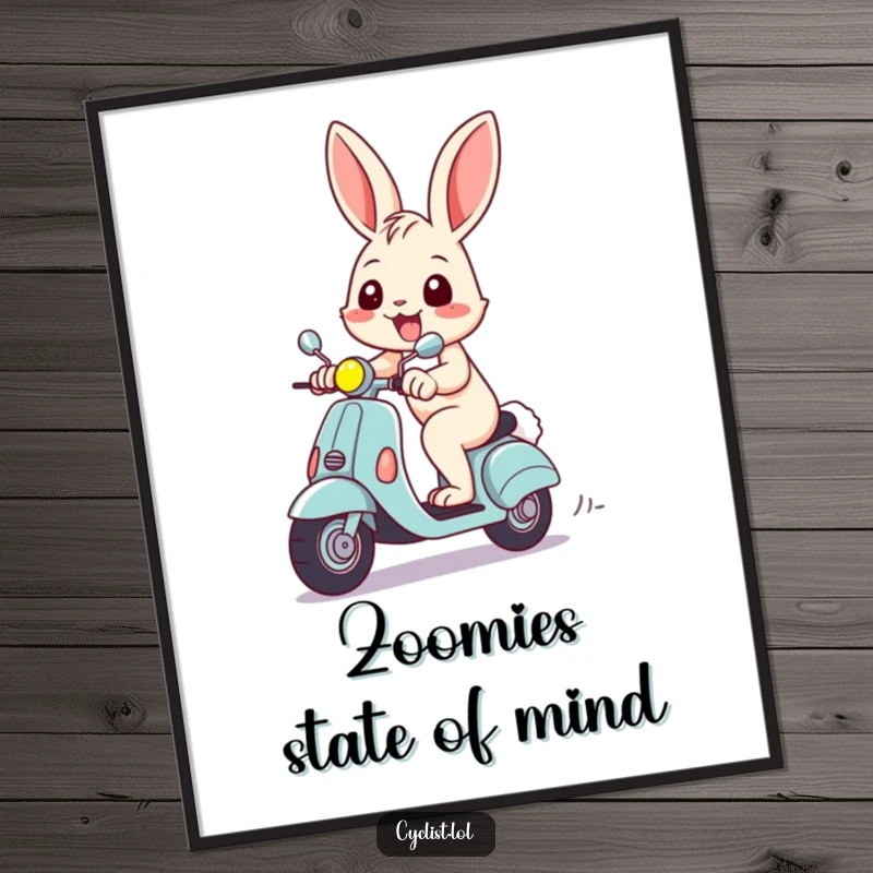 Funny digital art print capturing a cheerful rabbit mid-scooter race with a wide grin, perfect for humorous wall decor.