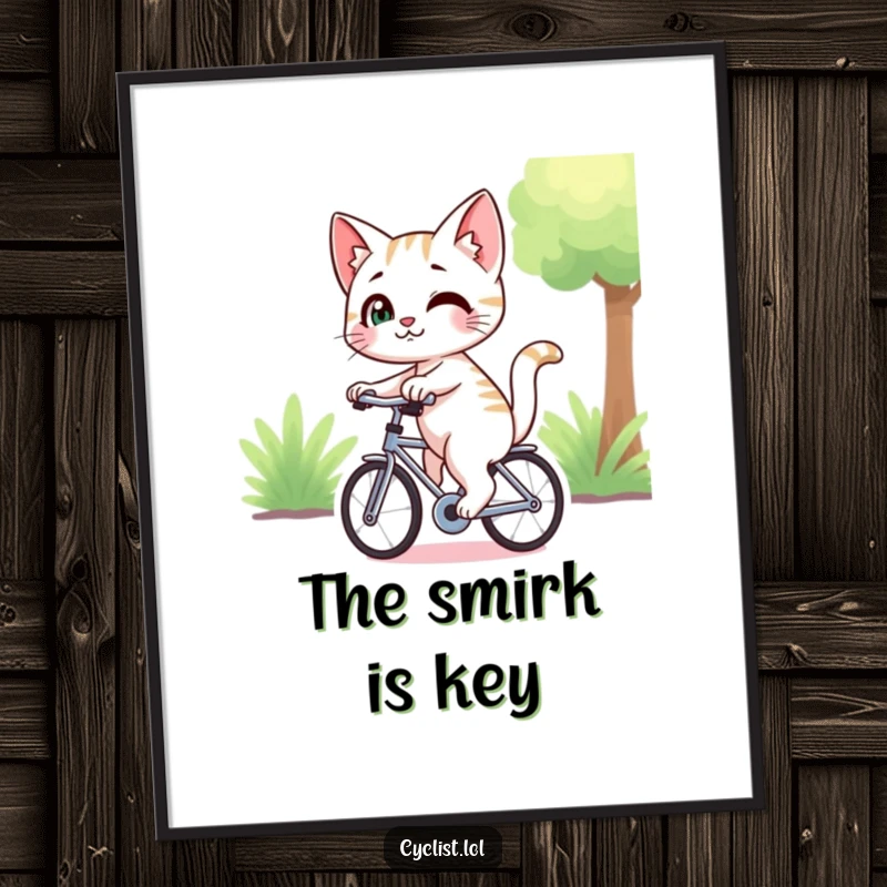 Funny curious cat with a sly smirk, cycling and looking back, a digital art print for instant humorous and stylish decor.