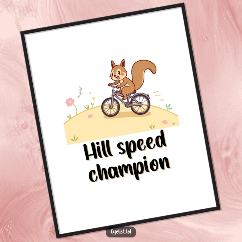 Funny squirrel bicycle digital art print of a happy squirrel speeding down a hill on a tiny bike, ideal for vibrant and humorous online or printed decor.