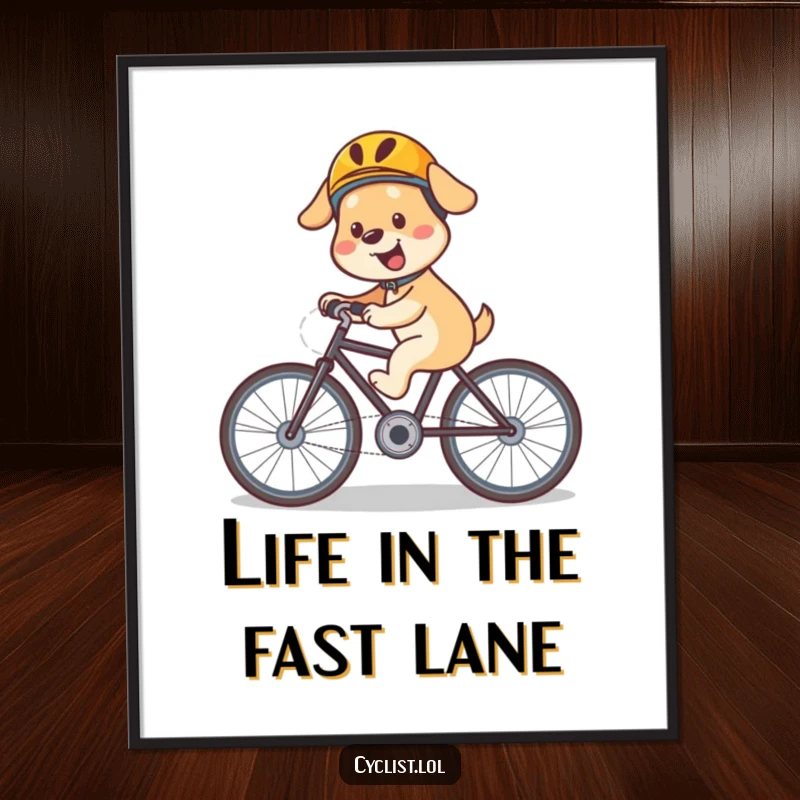 Funny dog bicycle digital art print of a happy, helmeted dog speeding downhill, perfect for vibrant and adventurous wall decor.