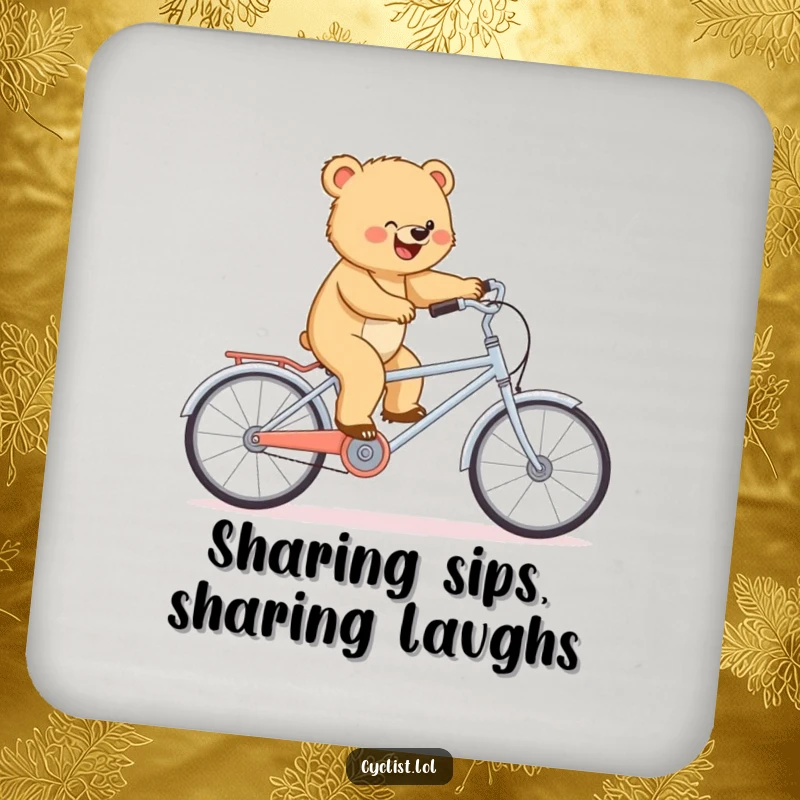 Funny drink coaster depicting a determined bear cub balancing on a miniature tandem bike, adding humorous protection.