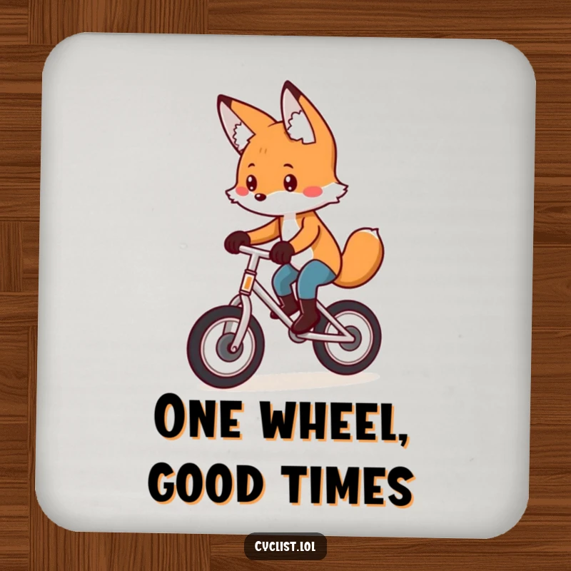 Funny drink coaster depicting a playful fox concentrating intensely on a unicycle, perfect for adding humorous protection.