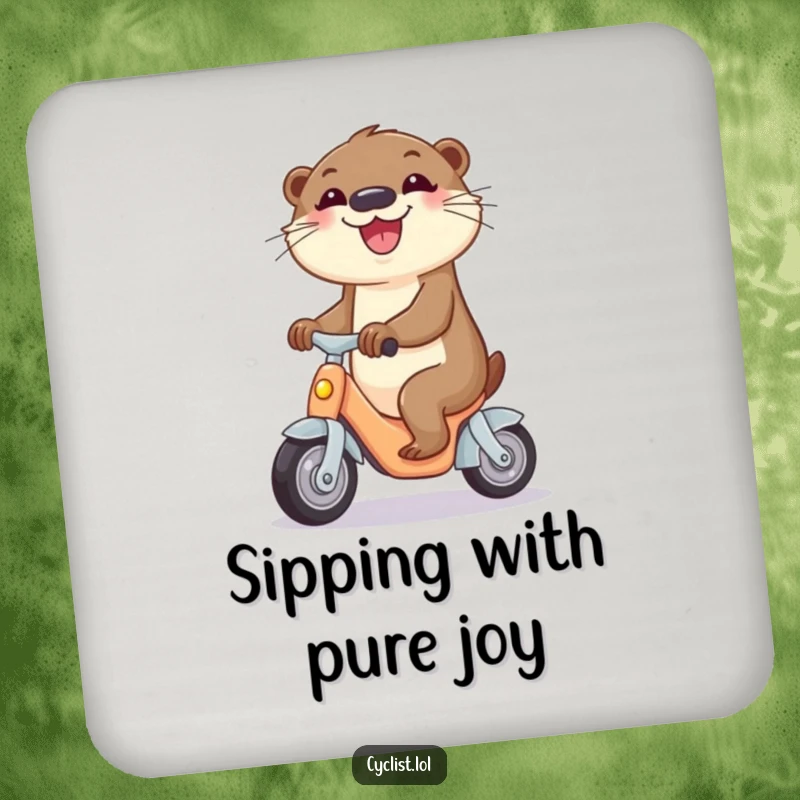 Funny drink coaster depicting a curious otter joyfully riding a miniature tricycle, adding humorous protection.