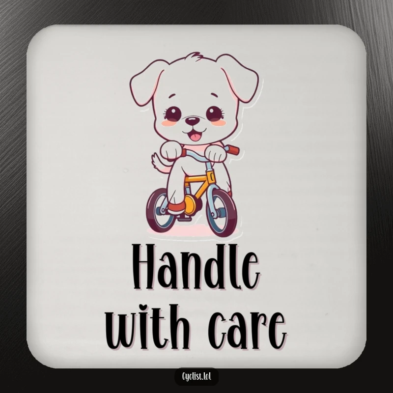 Funny puppy character wobbling on a tiny bicycle, illustrated on a set of drink coasters, providing surface protection with humor.