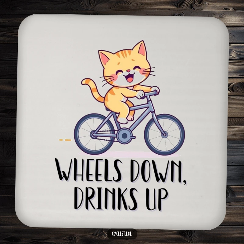 Funny cat bicycle coasters featuring a cheerful cat pedaling furiously on a tiny racing bicycle, offering stylish and playful protection for drinks.