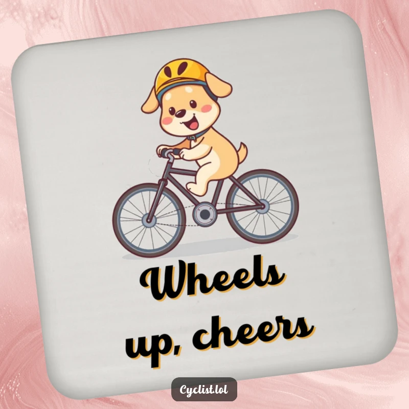 Funny dog bicycle coasters featuring a happy, helmeted dog speeding downhill, offering stylish and adventurous protection for drinks.