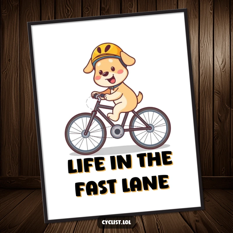 Funny dog bicycle poster featuring a happy dog in a helmet, cycling downhill with speed and exhilaration, perfect for adventurous decor.