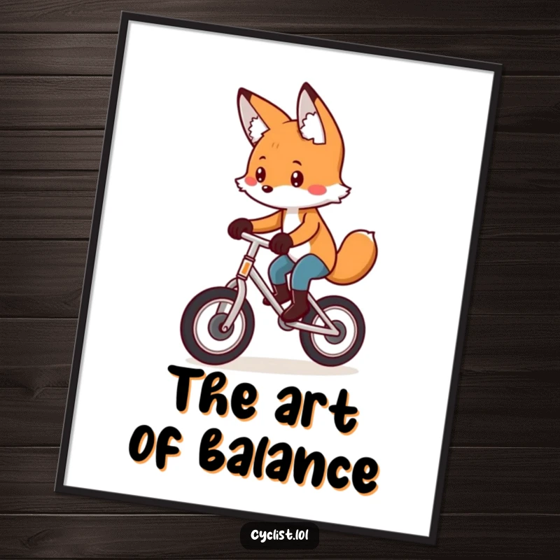 Funny poster capturing a playful fox with serious concentration, balancing perfectly on a unicycle, a humorous piece of art.