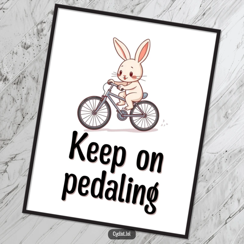 Funny determined rabbit character pedaling a tiny bicycle uphill on a poster, symbolizing perseverance and the journey to success.