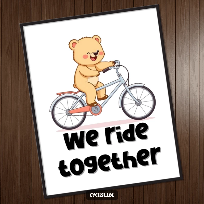 Funny poster featuring a determined bear cub balancing on a tiny tandem bike, capturing a moment of plucky adventure.