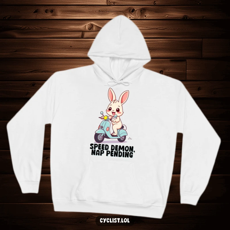 Funny hoodie depicting a cheerful rabbit with a wide grin, racing on a scooter, creating a humorous and cozy wearable art piece.