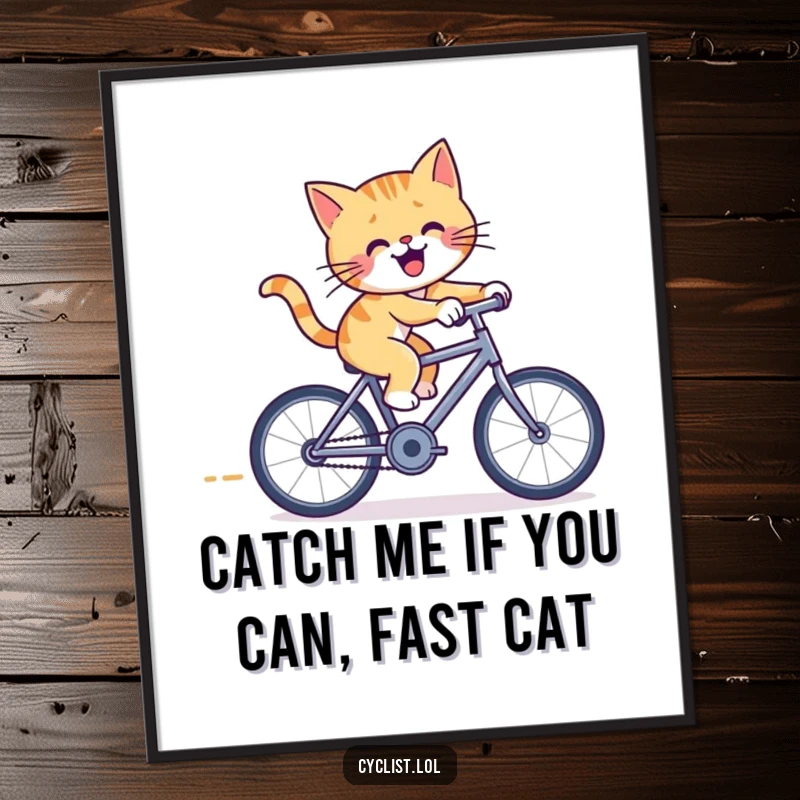 Funny free printable wall art of a cheerful cat pedaling furiously on a tiny racing bicycle.