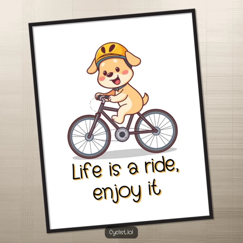 Funny free printable wall art of a happy dog wearing a helmet, speeding downhill dynamically on a bicycle.