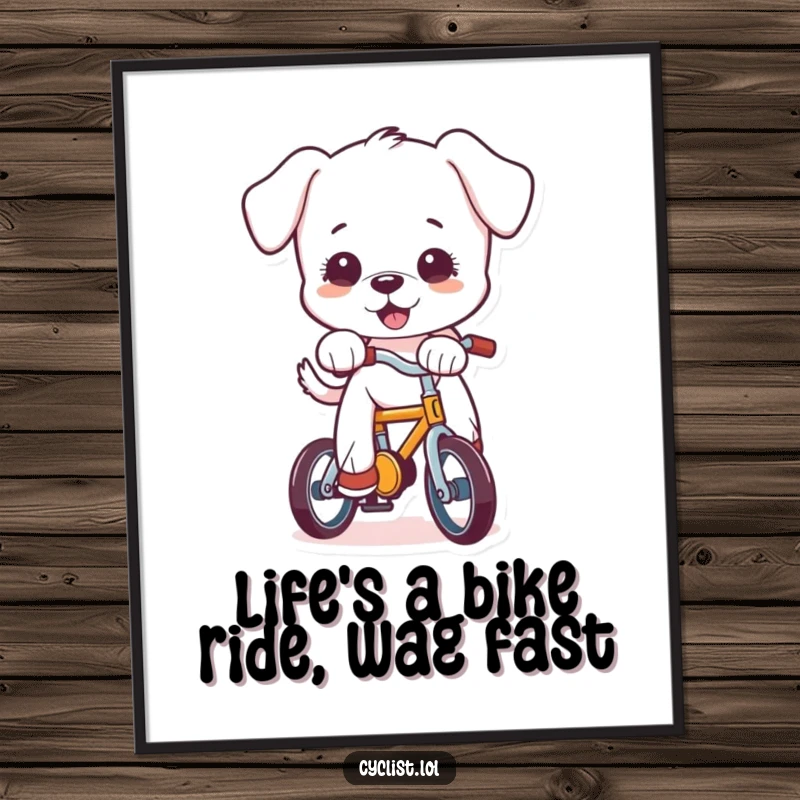 Funny Free Printable Wall Art: A determined puppy hilariously loses balance on a miniature bicycle, creating amusing decor.