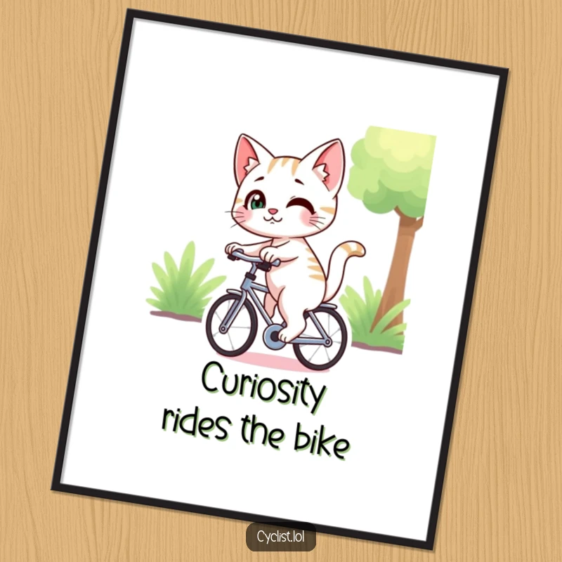 Funny Free Printable Wall Art: A curious cat with a cheeky smirk rides a bike, glancing back with playful, artful intent.