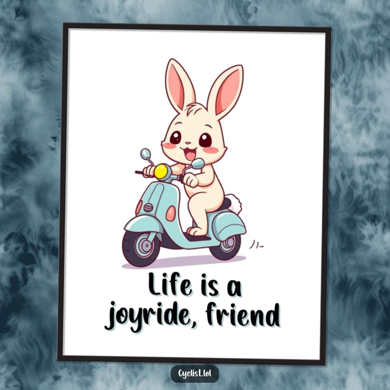 Funny Free Printable Wall Art: Cheerful rabbit with a huge grin racing on a miniature scooter, bringing lively energy.