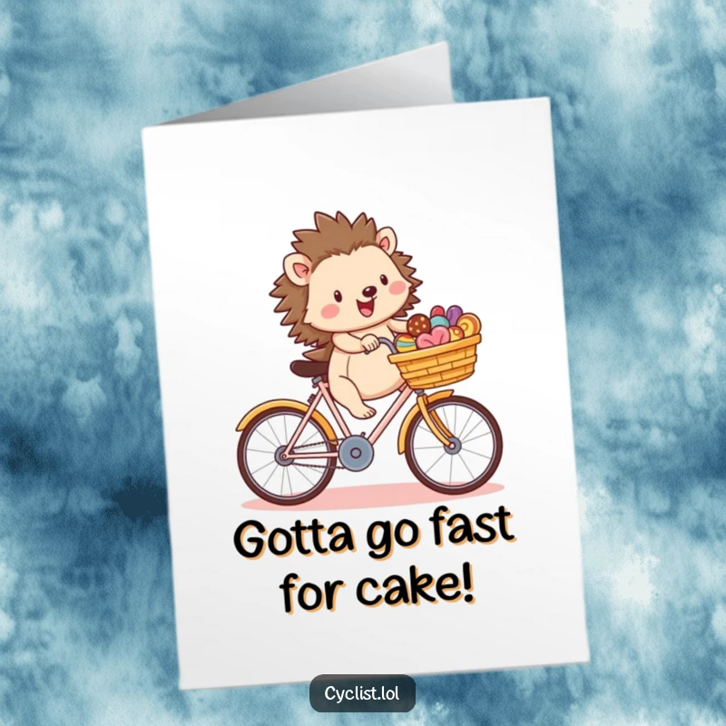 Free Printable Birthday Card: A happy hedgehog with quills adorned rides a bicycle, basket brimming with sweet treats.
