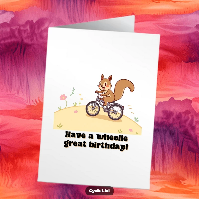 Funny Free Printable Birthday Card: A happy squirrel speeds downhill on a tiny bicycle, ready for a print-at-home birthday adventure.