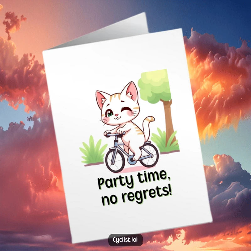 Free Printable Birthday Card: A sly cat with a playful smirk glances back while cycling, exuding cheeky birthday vibes.