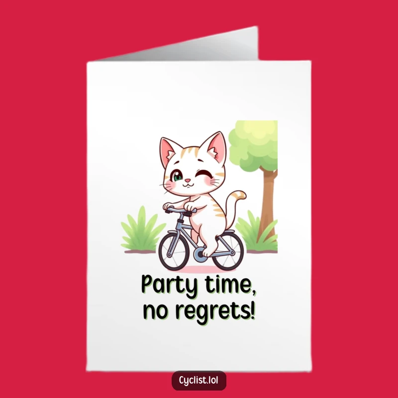 Free Printable Birthday Card: Smirking Cat Cyclist, Mischievous Downloadable Humor Gift