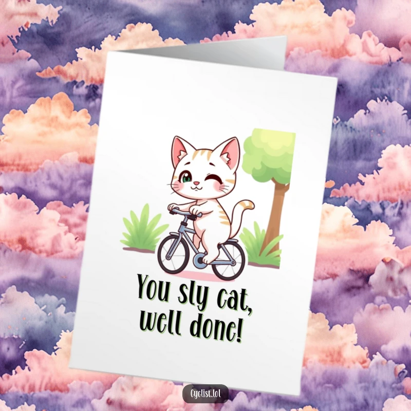 Free Printable Congratulations Card: A cat with a knowing smirk checks over its shoulder while riding a bicycle, celebrating success slyly.