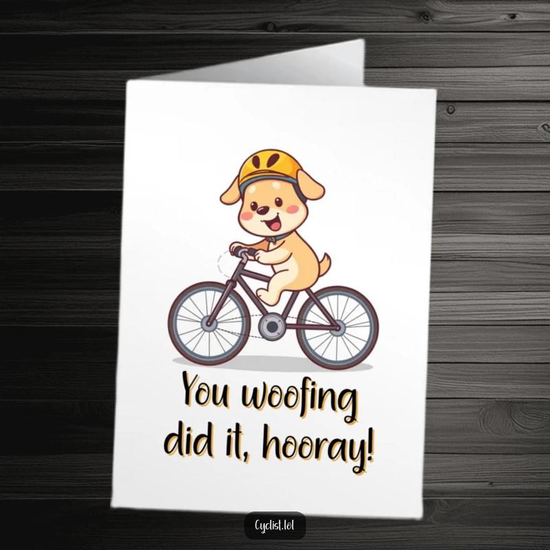 Funny free printable congratulations card showing a happy, helmeted dog speeding downhill on a bike.