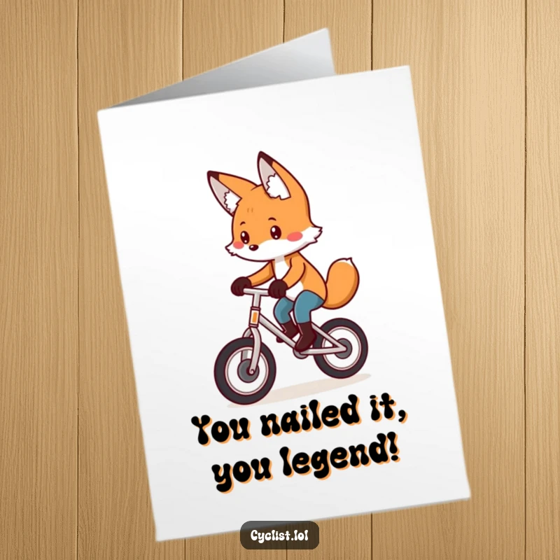 Funny Free Printable Congratulations Card: Playful fox shows great concentration while riding a unicycle, celebrating success.
